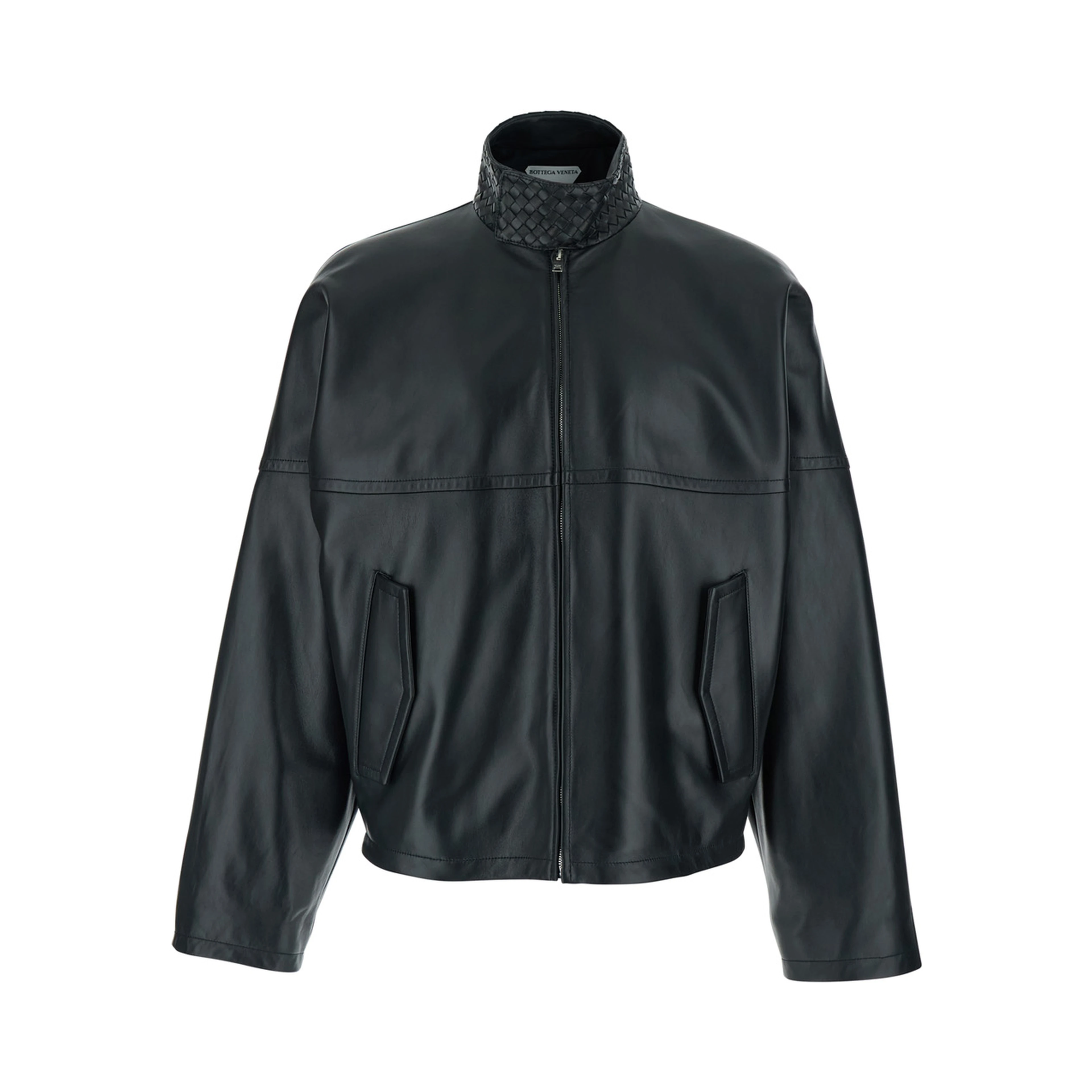 Black Bomber jacket with high collar with Intreccio design in leather for men