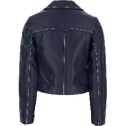 Blue Jacket with Notched Revers and Contrast Stitching in Leather Women