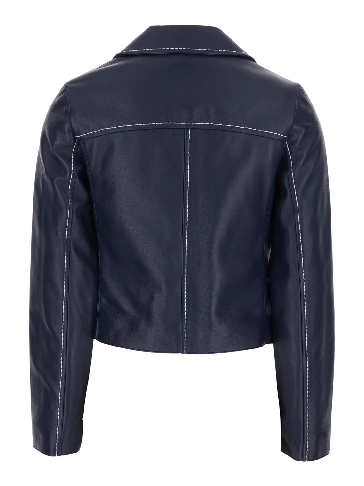 Blue Jacket with Notched Revers and Contrast Stitching in Leather Women alternative
