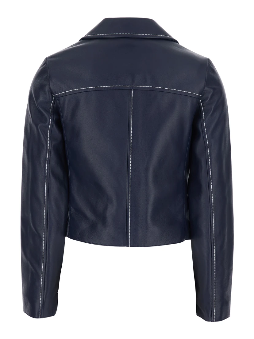 Blue Jacket with Notched Revers and Contrast Stitching in Leather Women