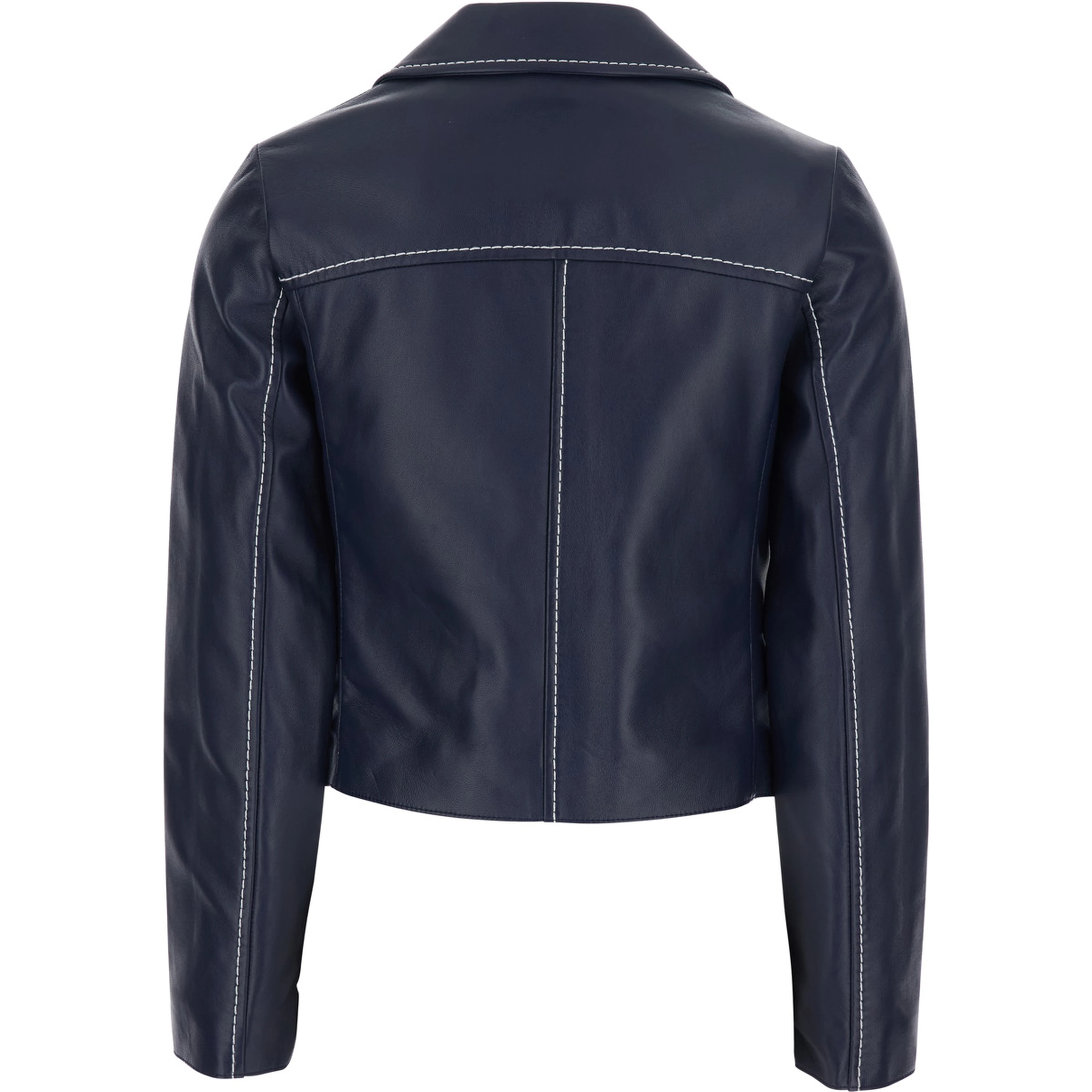 Blue Jacket with Notched Revers and Contrast Stitching in Leather Women