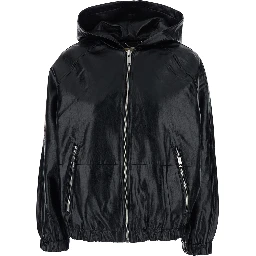 Black Hooded Jacket with Elasticized Finishes in Ecoleather Women