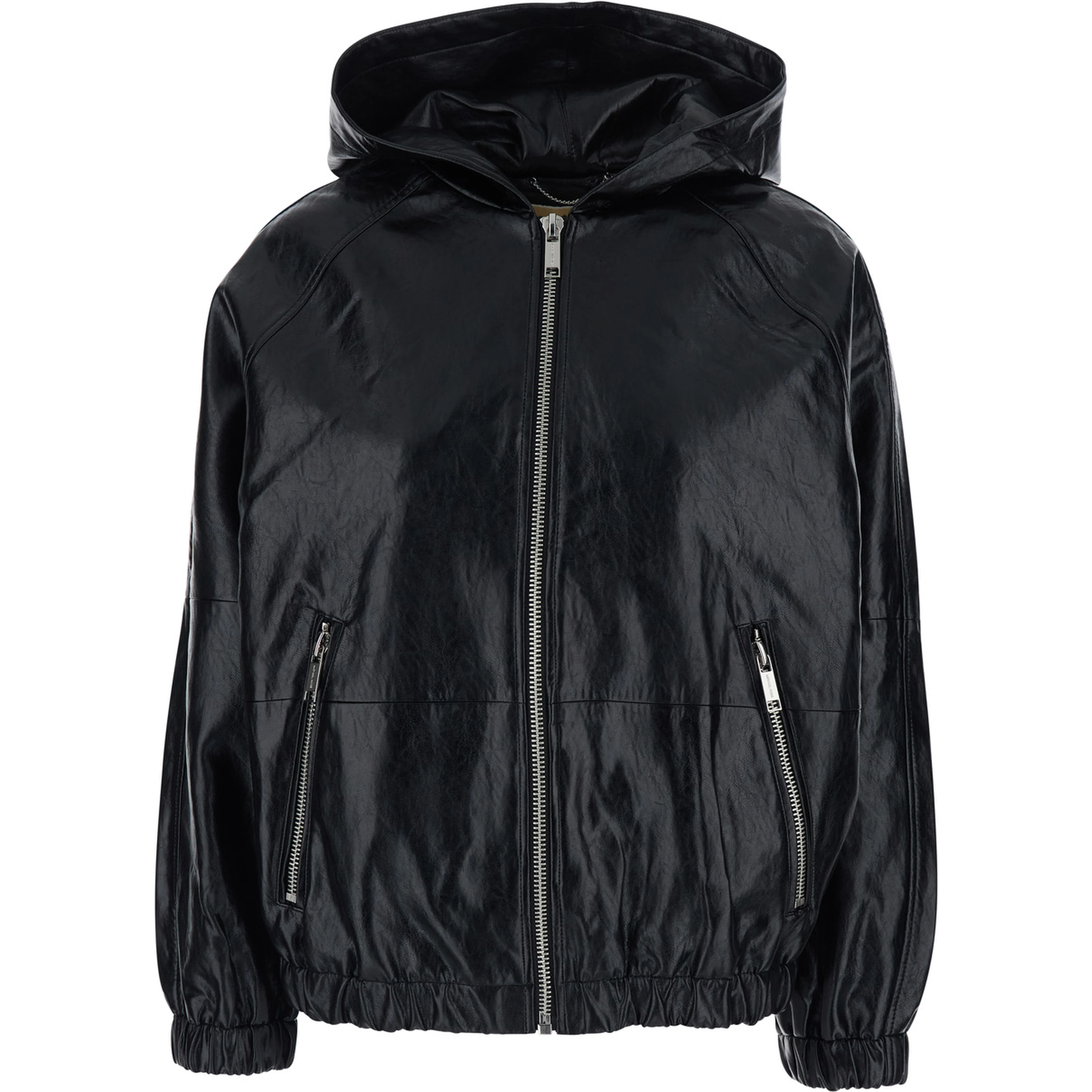 Black Hooded Jacket with Elasticized Finishes in Ecoleather Women