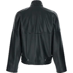 Black Bomber jacket with high collar with Intreccio design in leather for men