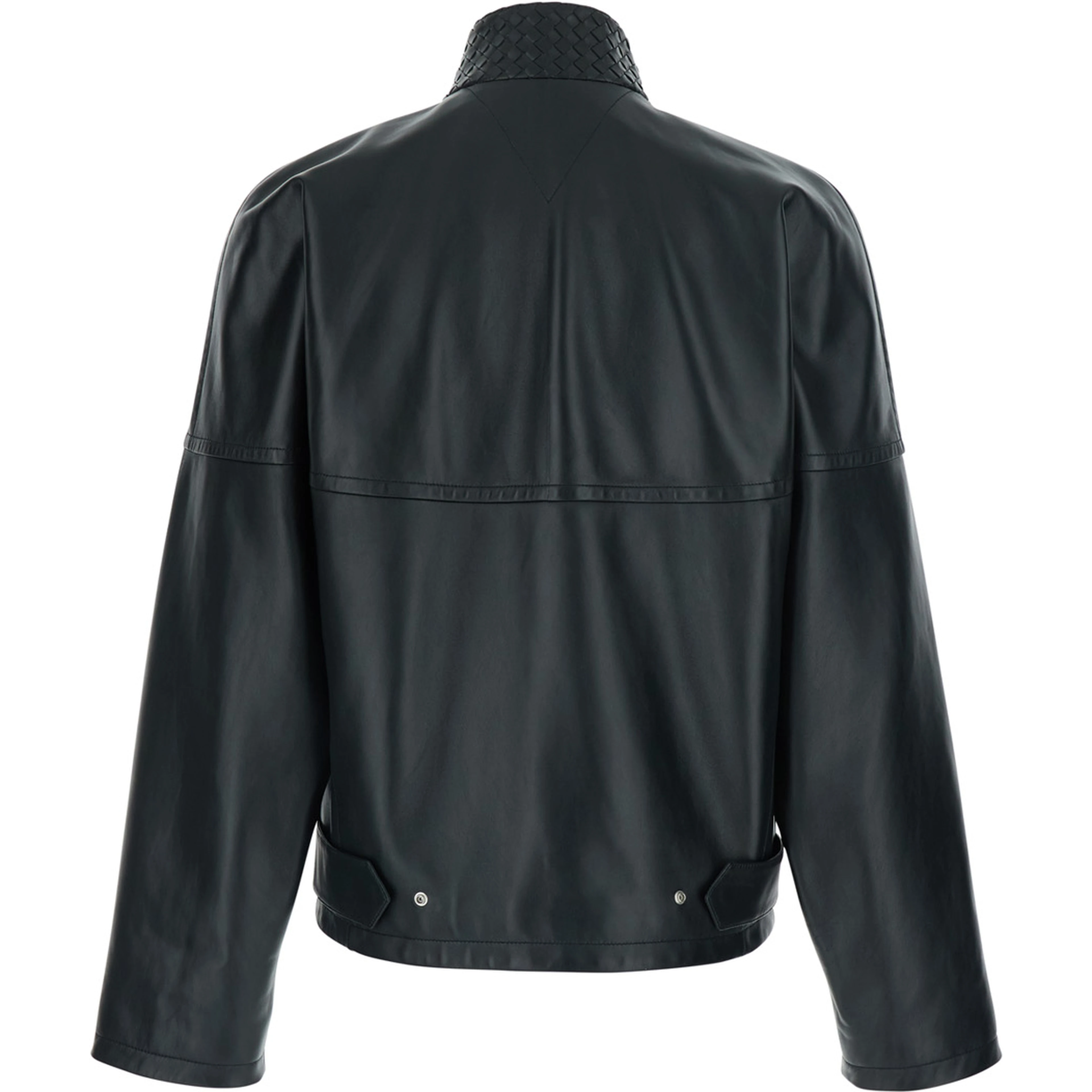Black Bomber jacket with high collar with Intreccio design in leather for men