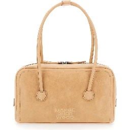 Soft Boston Beige Small Shoulder Bag with Logo Lettering on the Front in Leather for Women