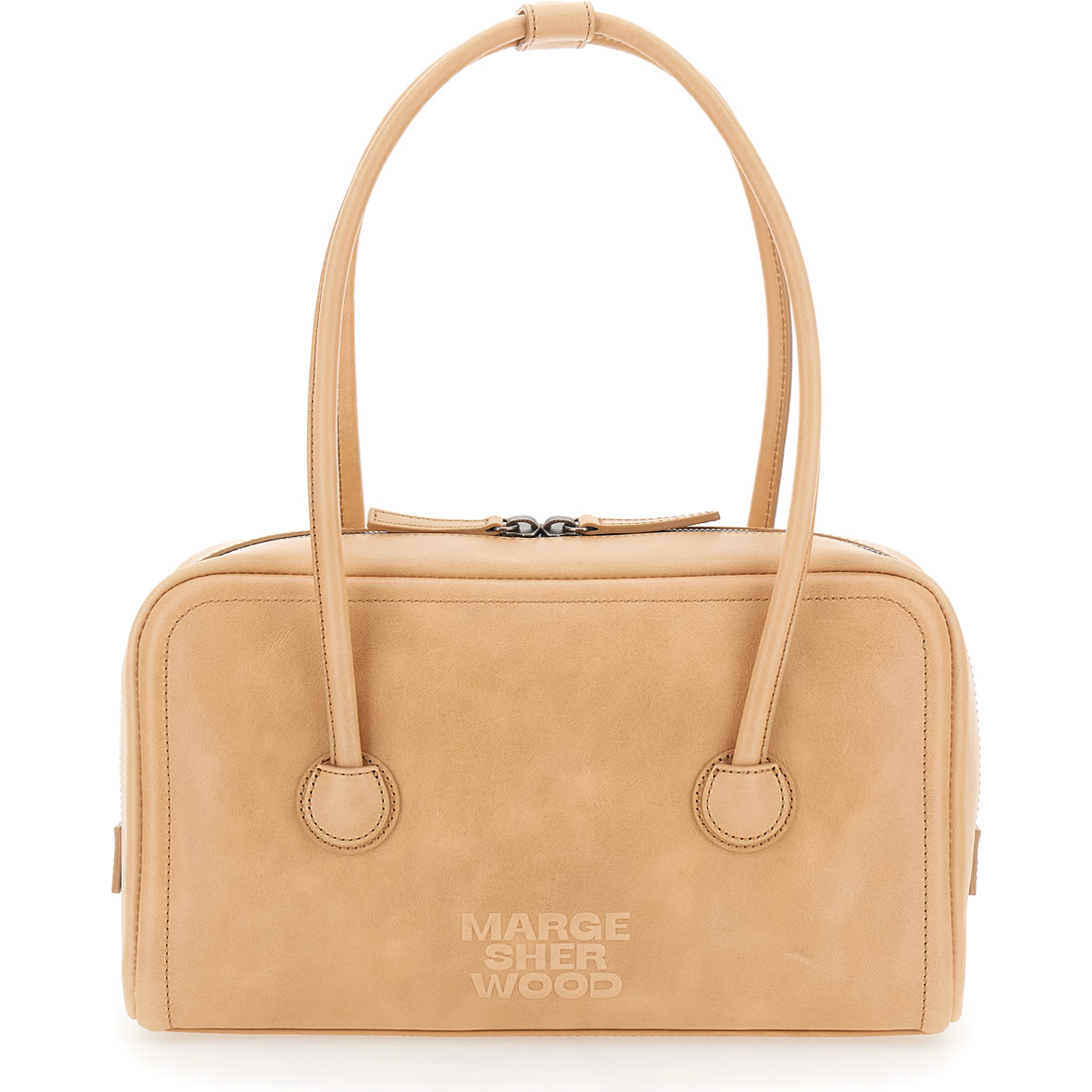 Soft Boston Beige Small Shoulder Bag with Logo Lettering on the Front in Leather for Women