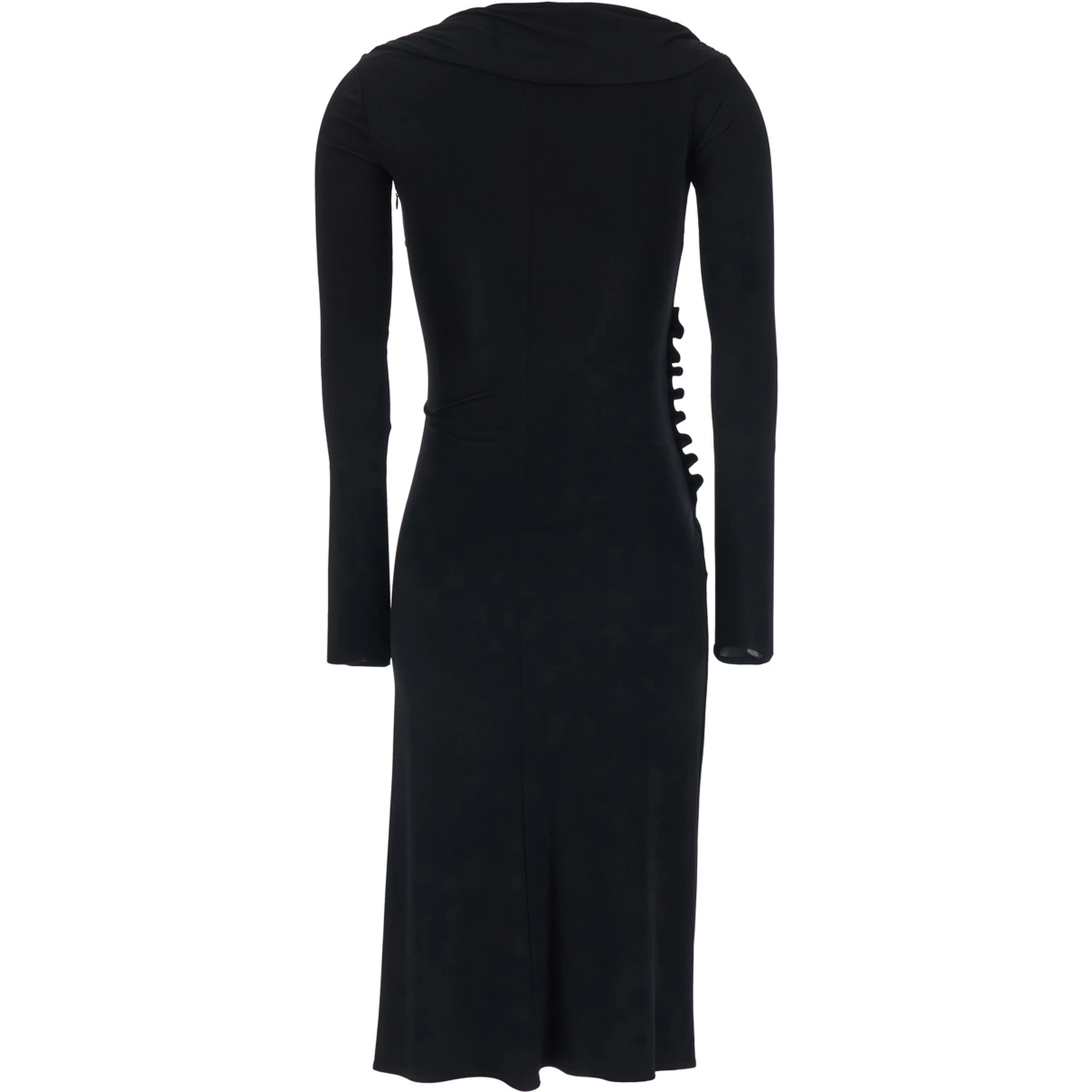Black Draped Dress with Asymmetric Hem and V Neck in Viscose Stretch Woman