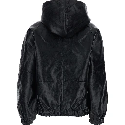Black Hooded Jacket with Elasticized Finishes in Ecoleather Women