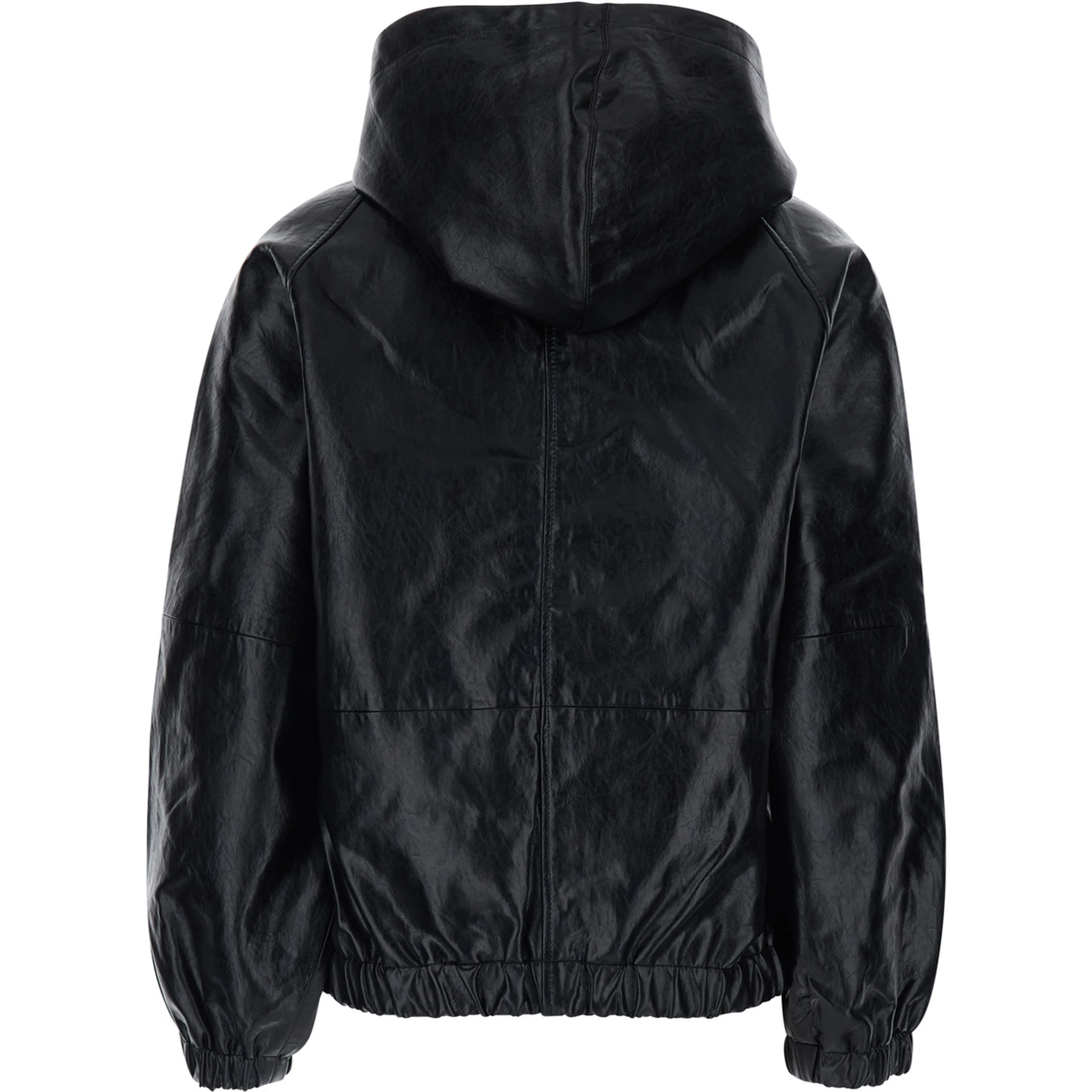 Black Hooded Jacket with Elasticized Finishes in Ecoleather Women