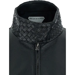 Black Bomber jacket with high collar with Intreccio design in leather for men