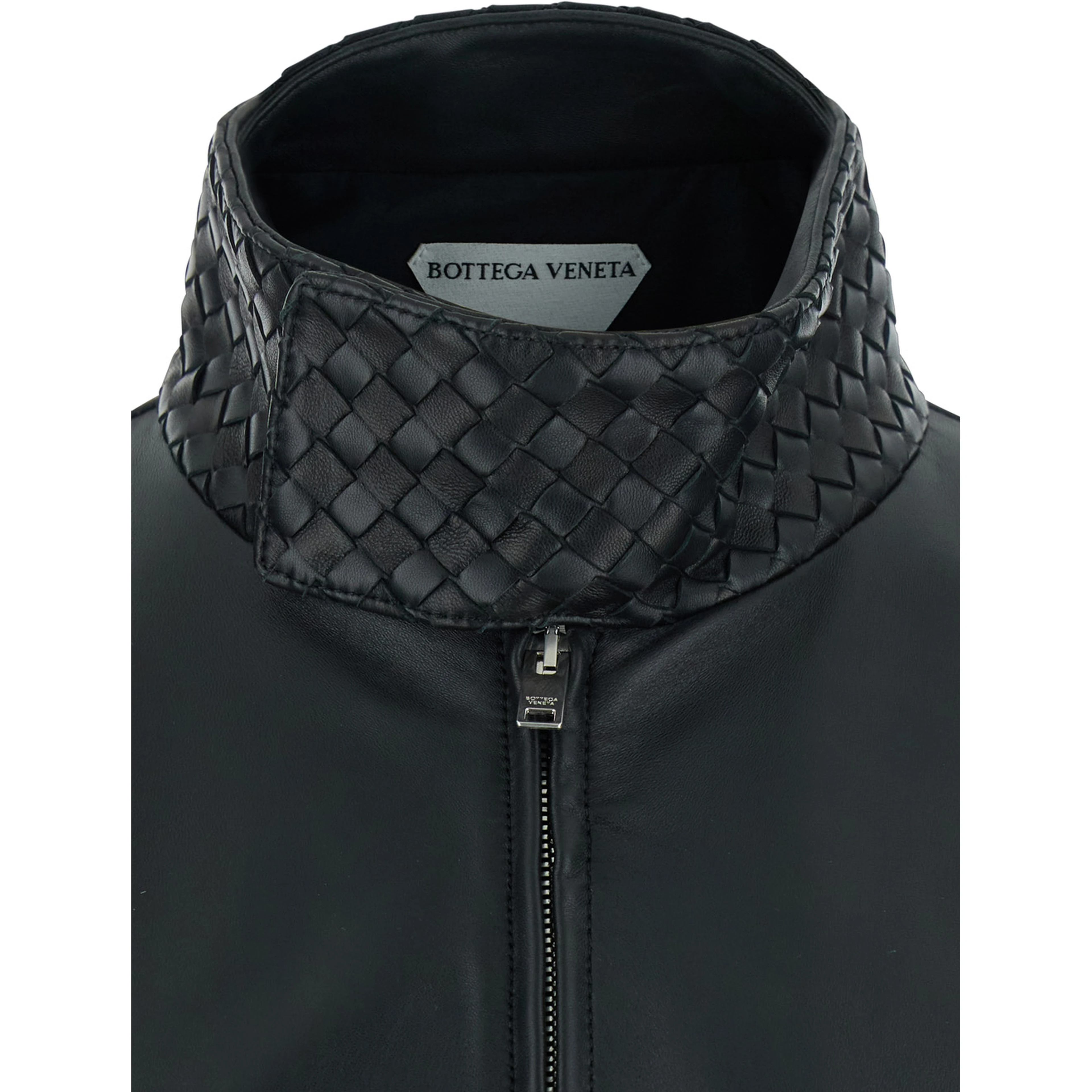 Black Bomber jacket with high collar with Intreccio design in leather for men
