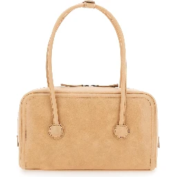Soft Boston Beige Small Shoulder Bag with Logo Lettering on the Front in Leather for Women