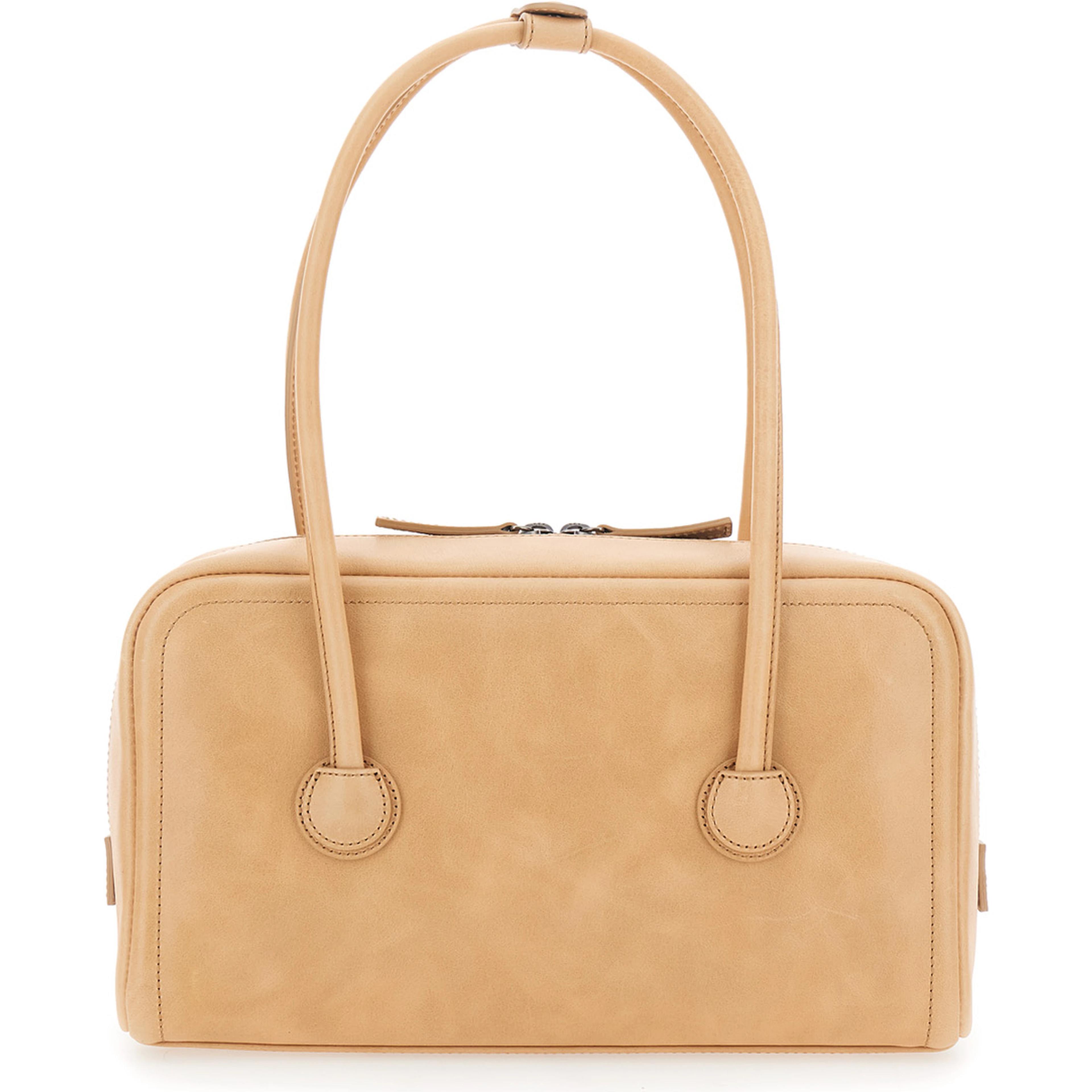 Soft Boston Beige Small Shoulder Bag with Logo Lettering on the Front in Leather for Women