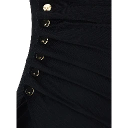 Black Draped Dress with Asymmetric Hem and V Neck in Viscose Stretch Woman