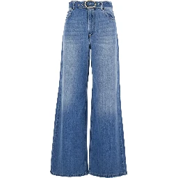 Blue five-pocket jeans with belt and faded effect in denim woman