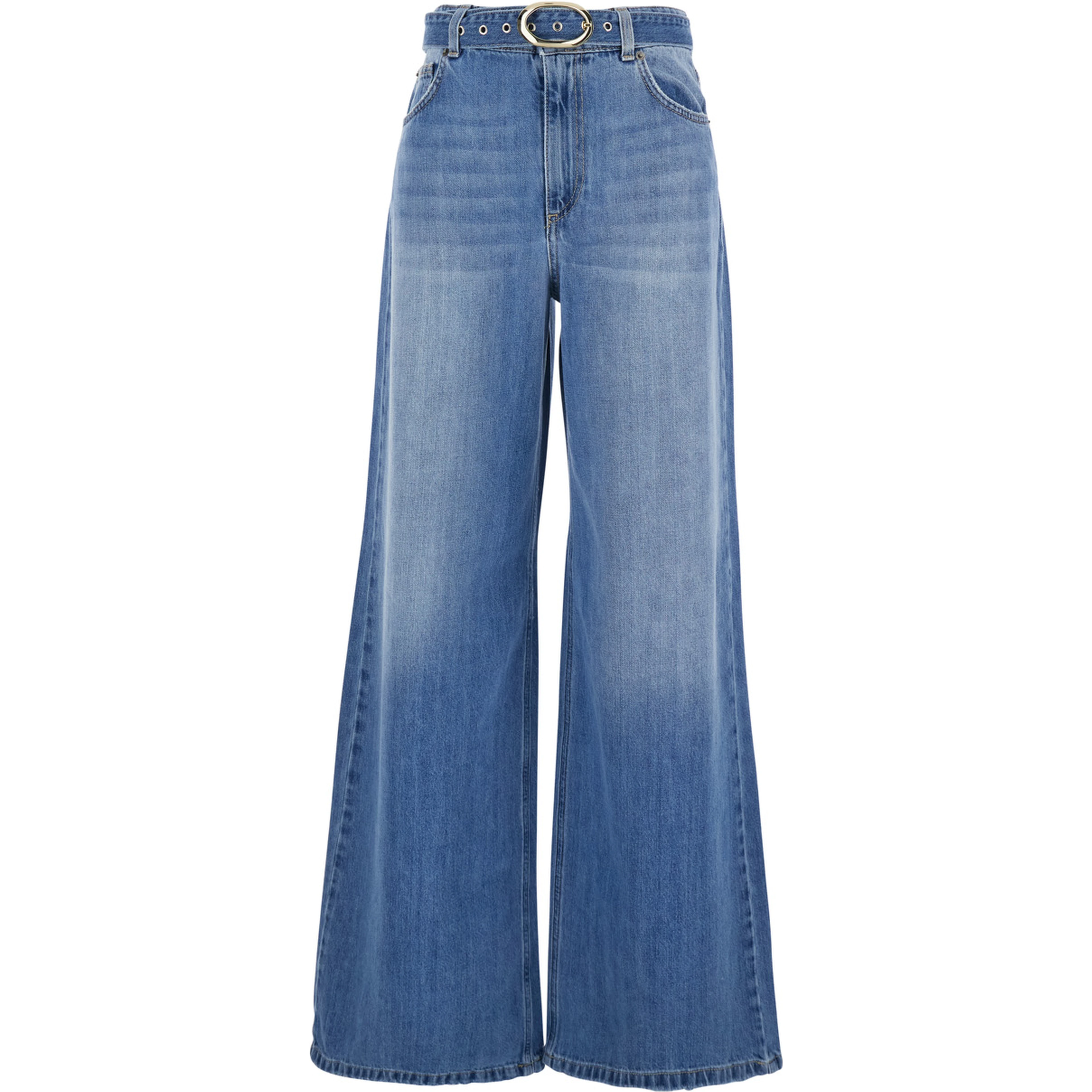 Blue five-pocket jeans with belt and faded effect in denim woman