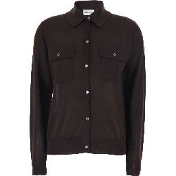 Brown Polo Collar Sweater with Front Button Closure in Wool Blend for Women