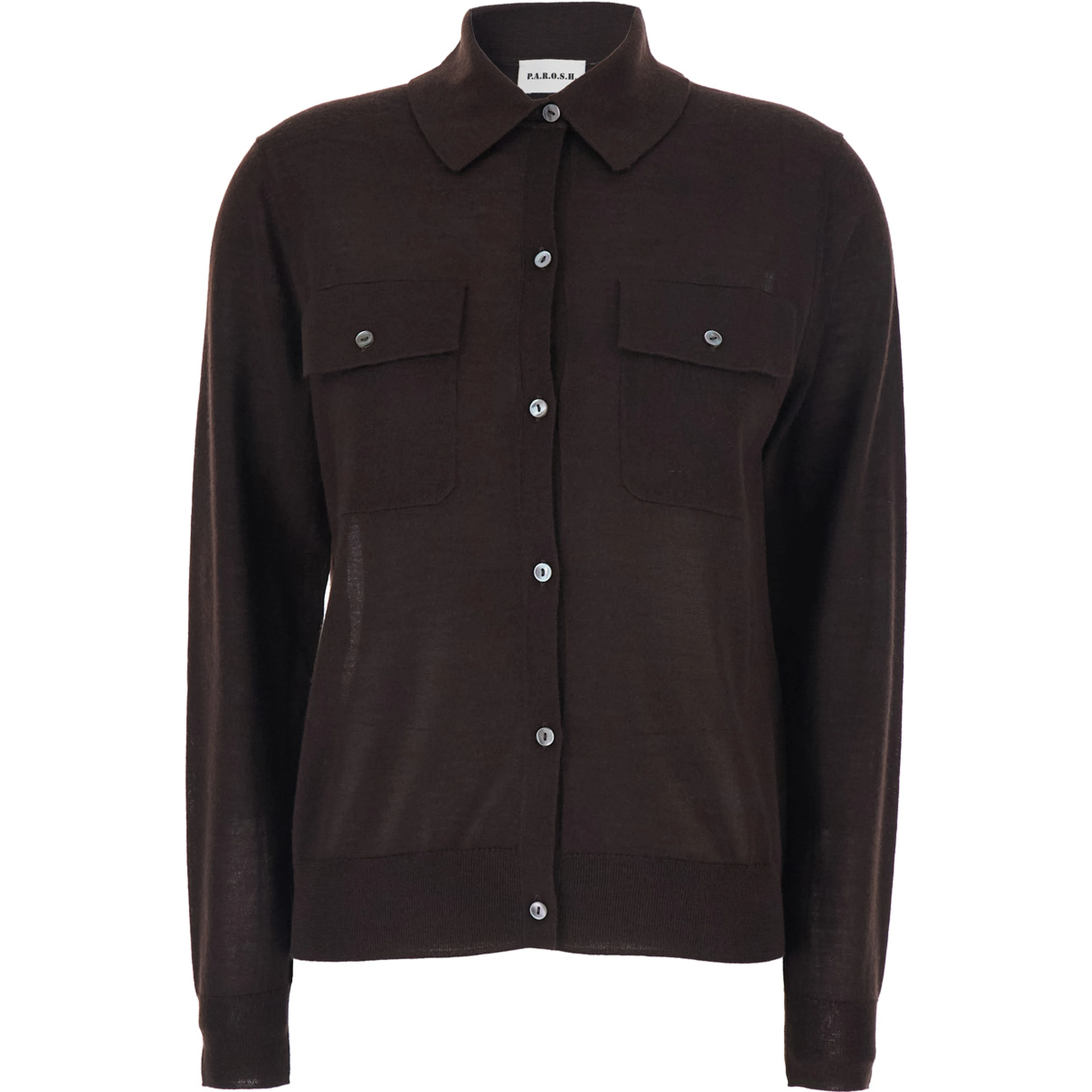 Brown Polo Collar Sweater with Front Button Closure in Wool Blend for Women
