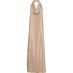 Beige  long Dress with Halterneck and open back in fabric woman