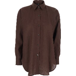 Brown Linen Shirt with Classic Collar and Button Closure Woman