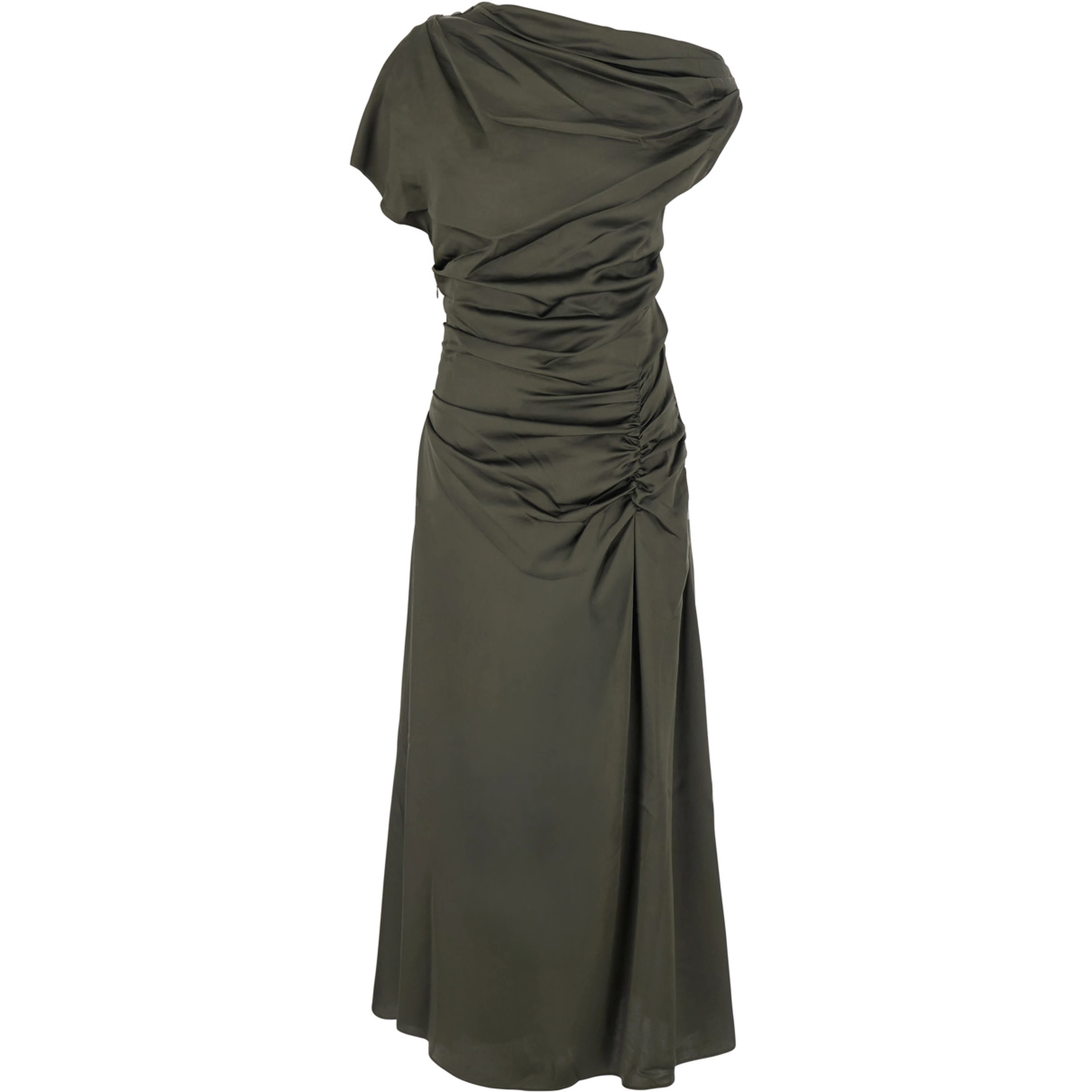 Joanna Green Long Dress with Asymmetric Neckline and Ruches in Tech Fabric for Women