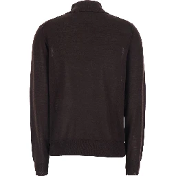 Brown Polo Collar Sweater with Front Button Closure in Wool Blend for Women