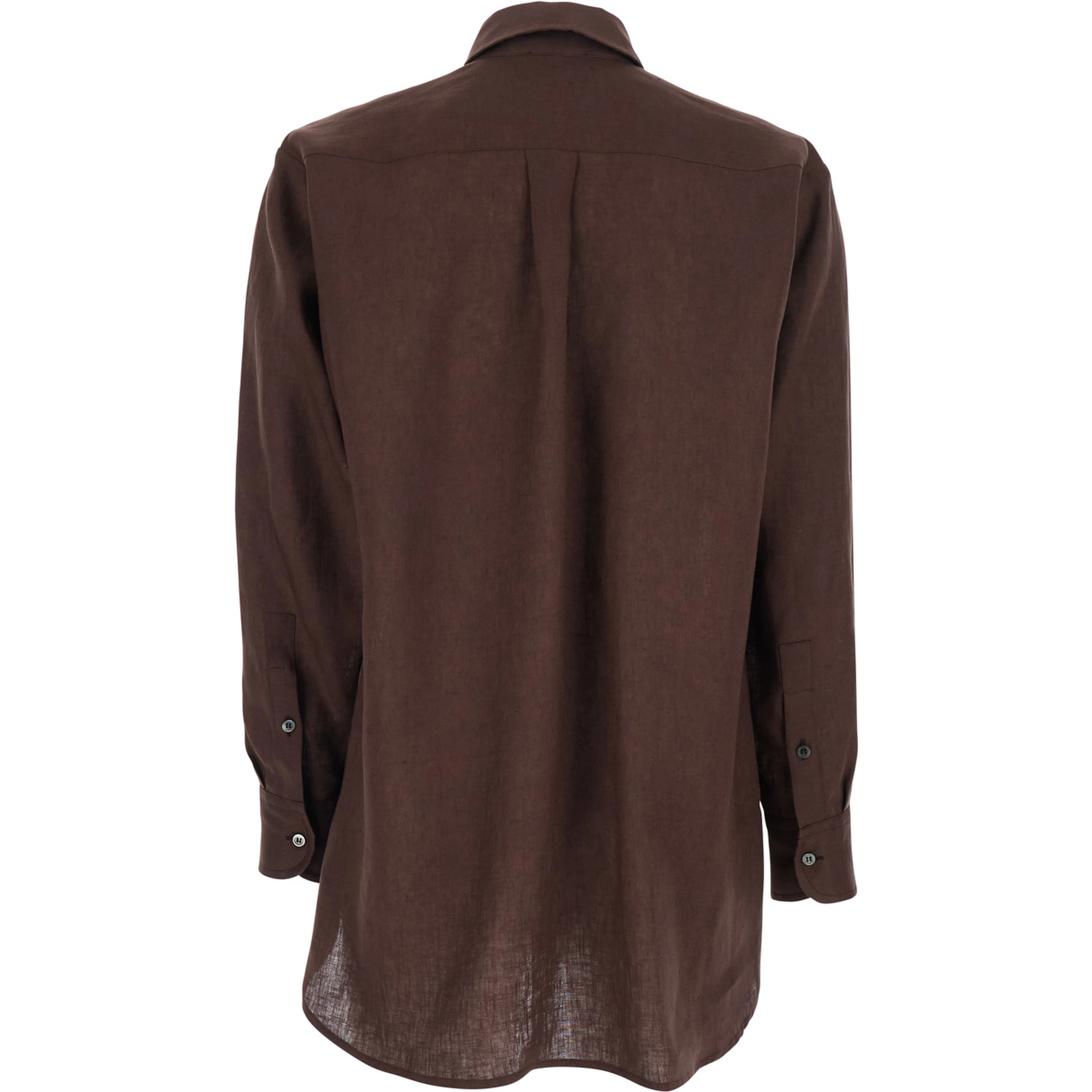 Brown Linen Shirt with Classic Collar and Button Closure Woman