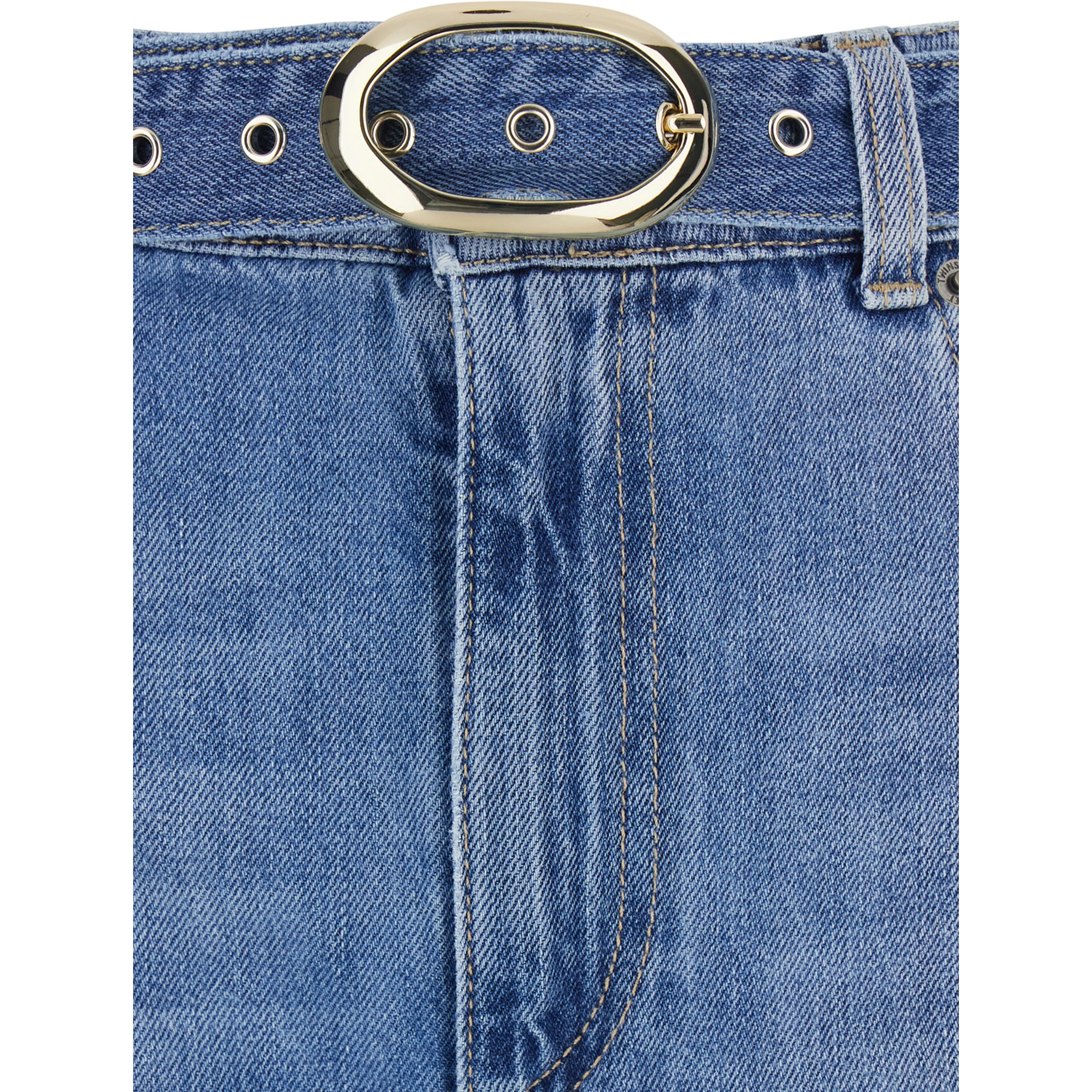 Blue five-pocket jeans with belt and faded effect in denim woman
