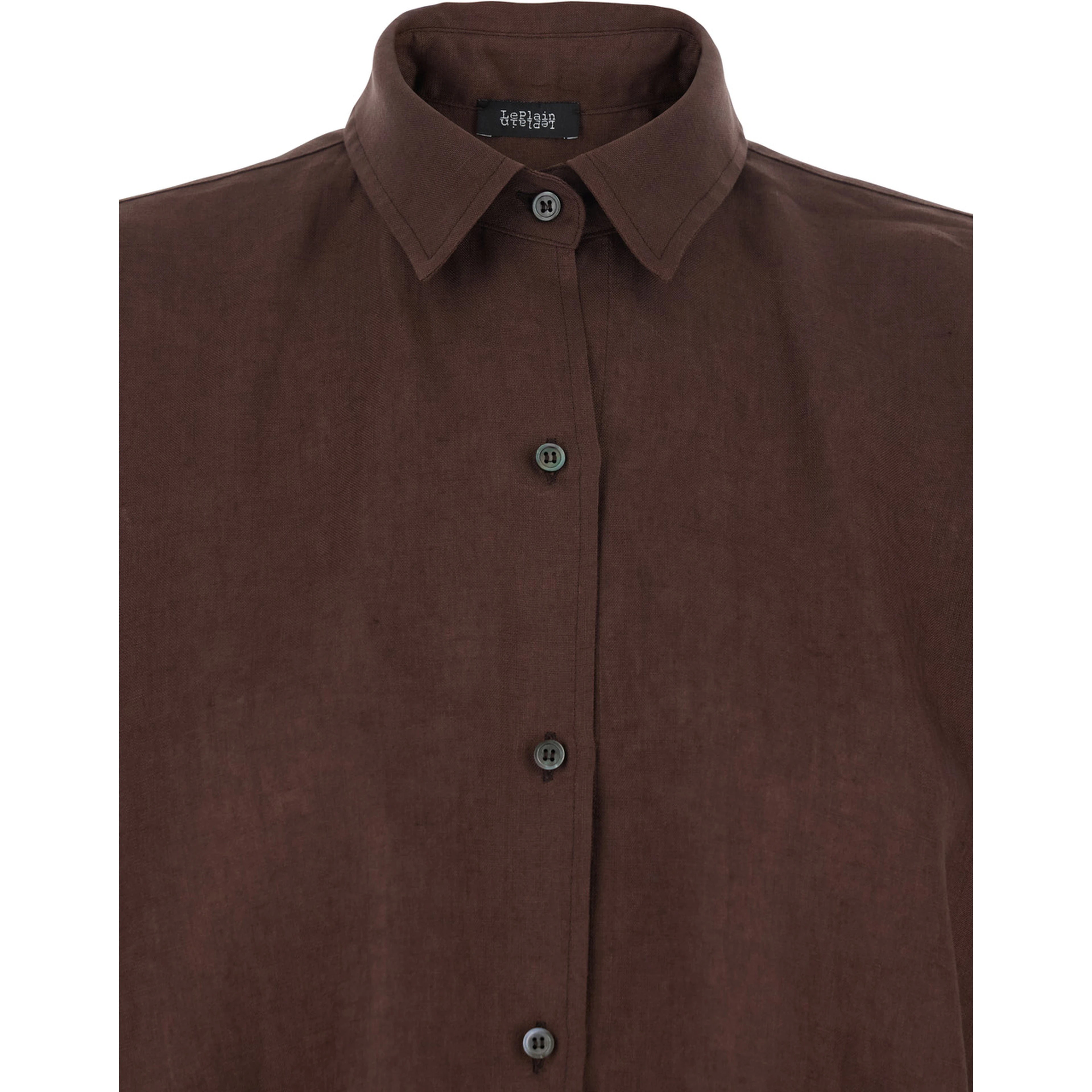 Brown Linen Shirt with Classic Collar and Button Closure Woman