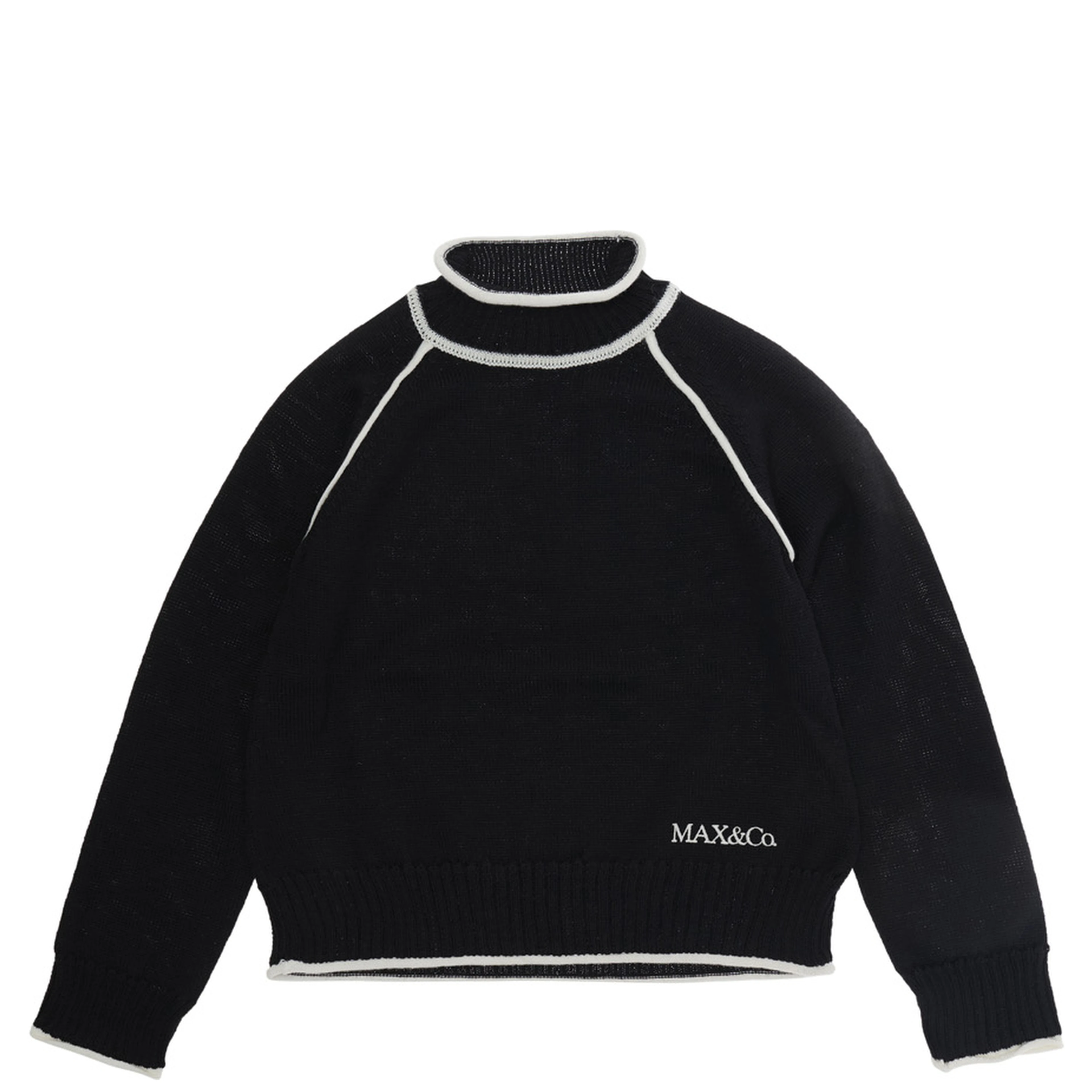 Black Crewneck Sweater with Contrasting Details and Logo Lettering on the Front in Wool Blend Girl