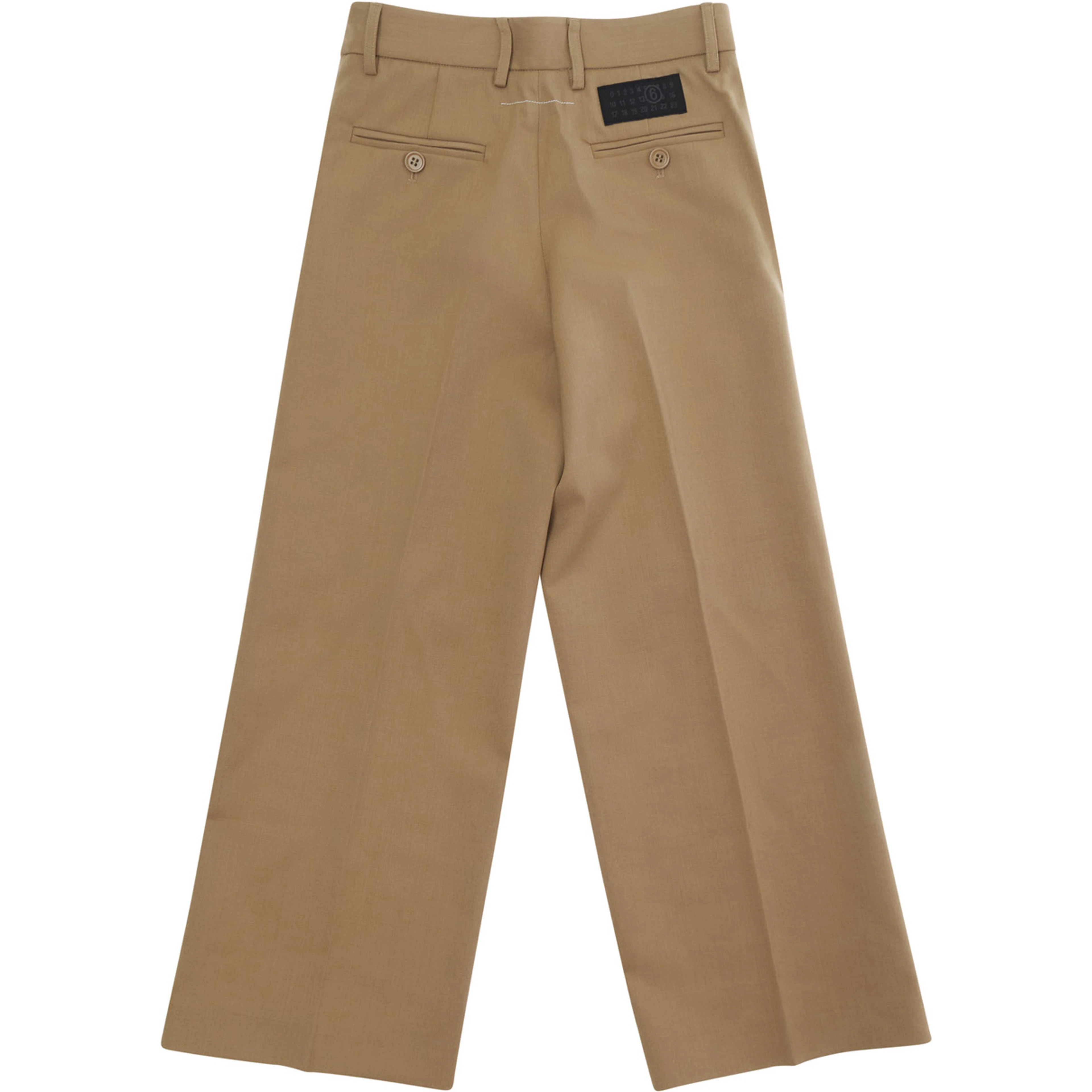 Brown Pants with welt pockets on the front and back and logo patch on the back in stretch wool blend boy