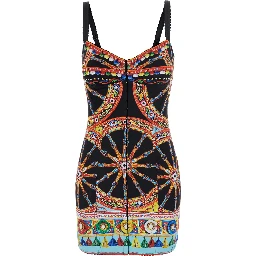 Multicolor Sleeveless Mini Dress with All-Over Carretto Print in Blend Cotton for Women