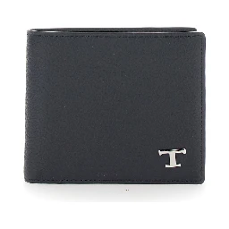 Black Bifold Wallet with metal T logo plate on the front in leather for men