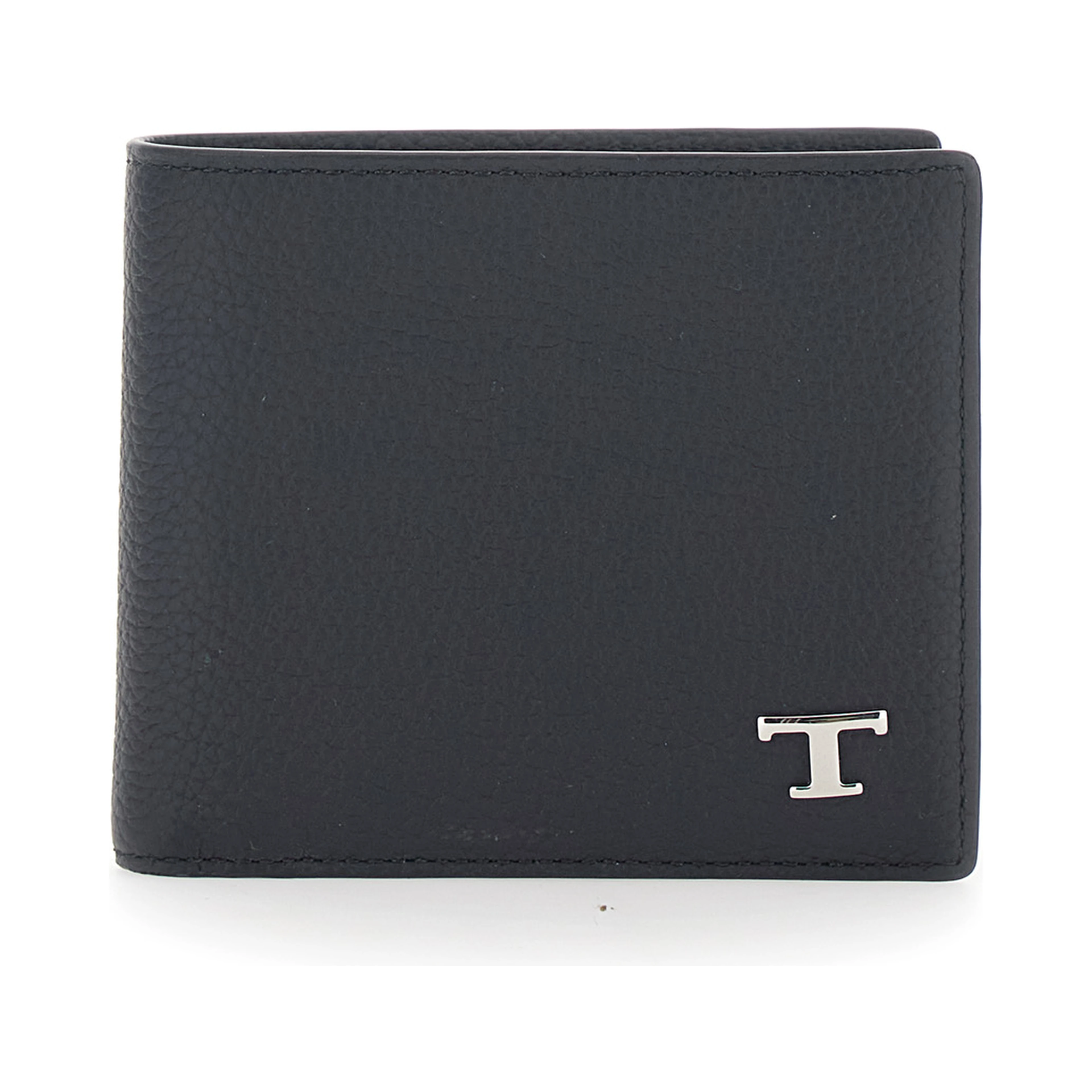 Black Bifold Wallet with metal T logo plate on the front in leather for men