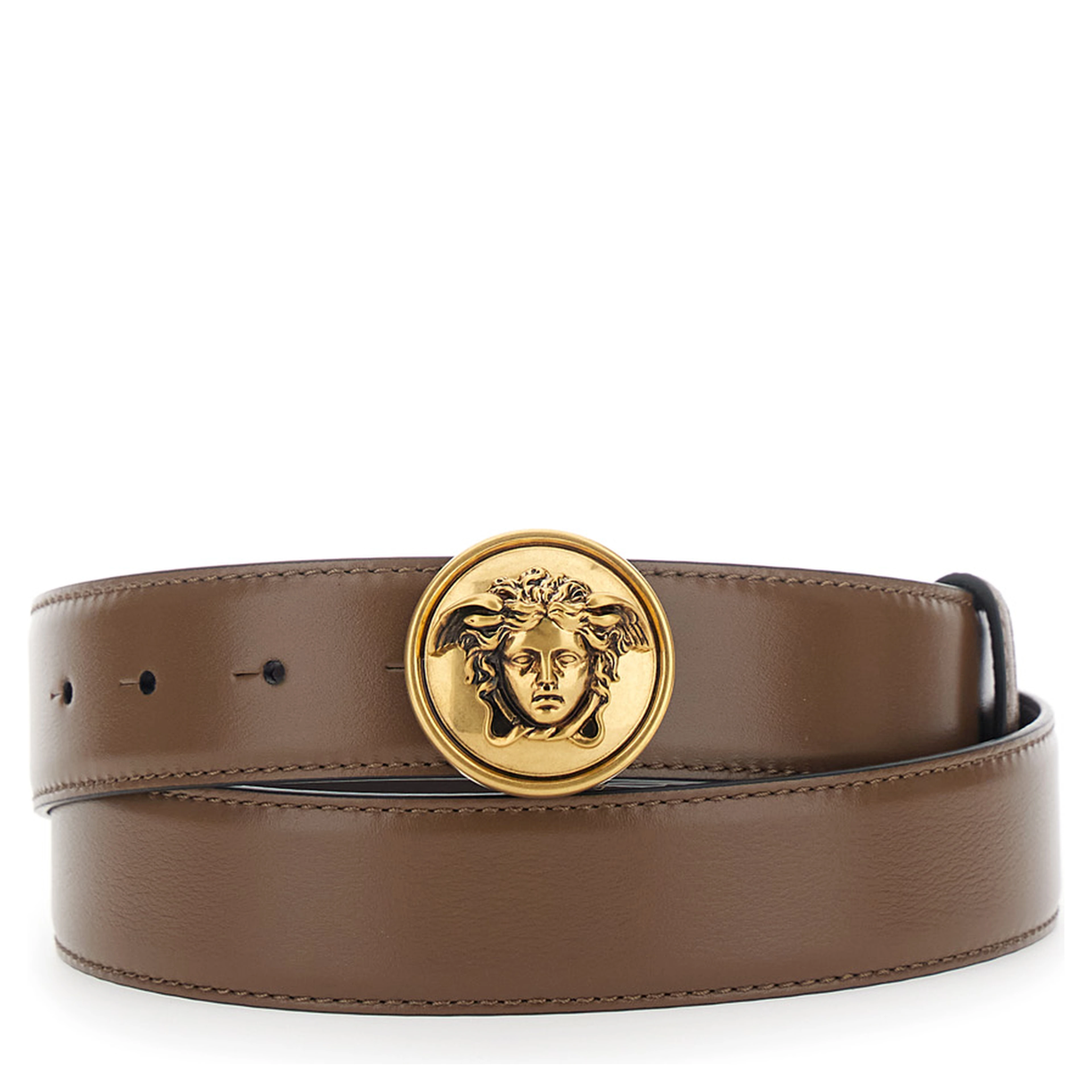 Brown Belt with Medusa metal buckle in Leather for Men