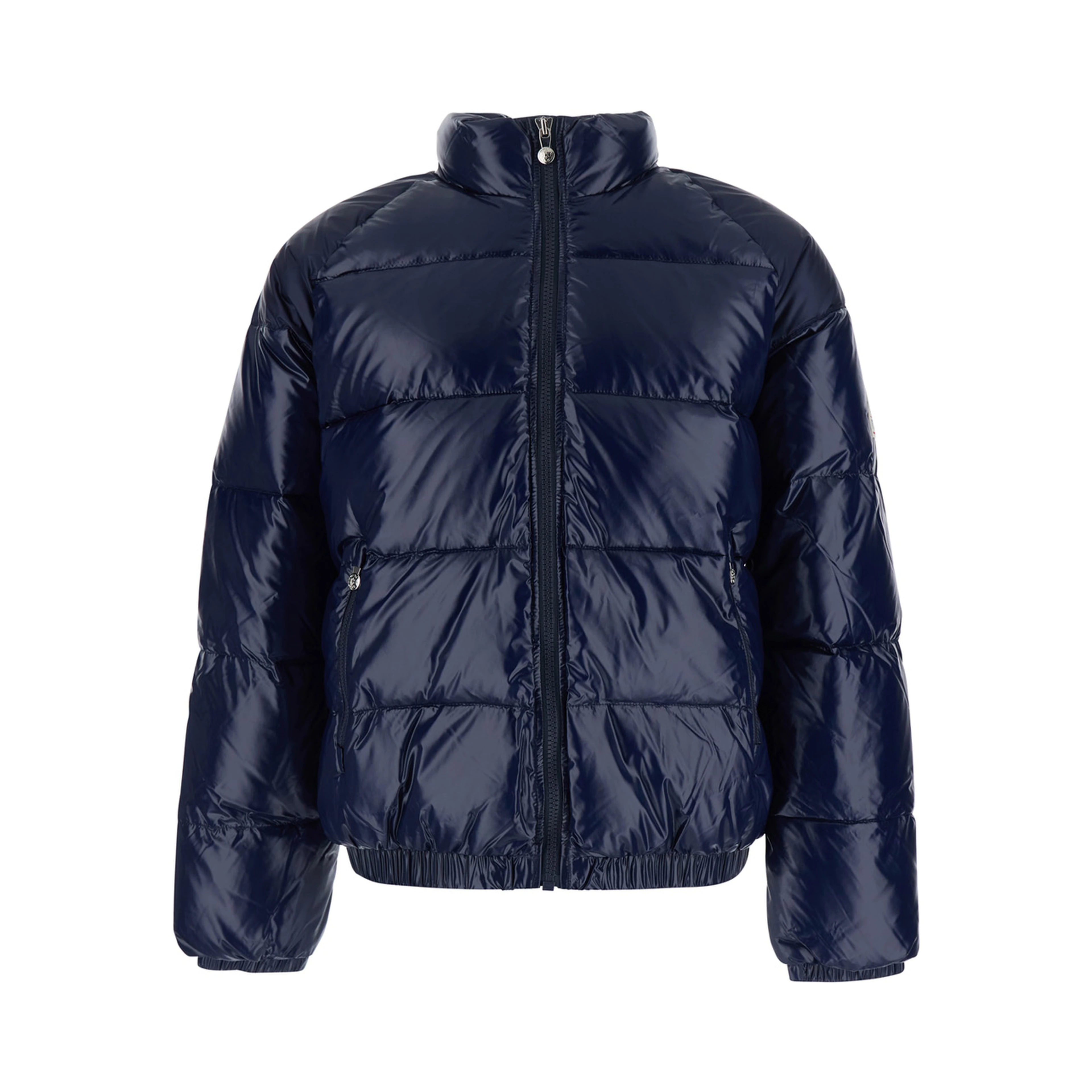 Blue High-neck Down jacket with logo patch on the sleeve in Tech Fabric, unisex