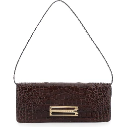 Dorian East-West Brown Shoulder Bag with Plaque Closure on the Front and Crocodile-Embossed Effect in Leather for Women
