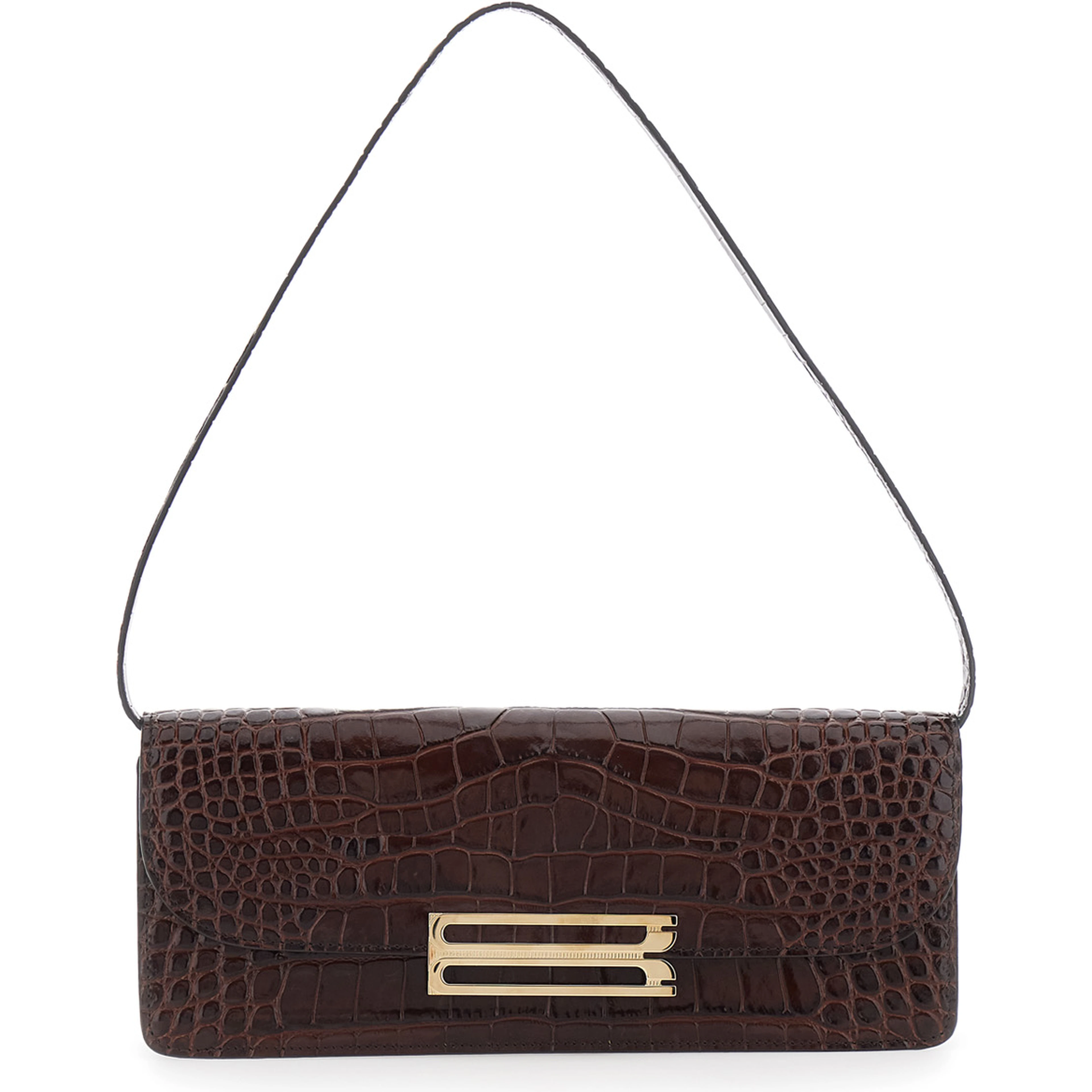 Dorian East-West Brown Shoulder Bag with Plaque Closure on the Front and Crocodile-Embossed Effect in Leather for Women