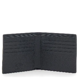 Black Bifold Wallet with metal T logo plate on the front in leather for men