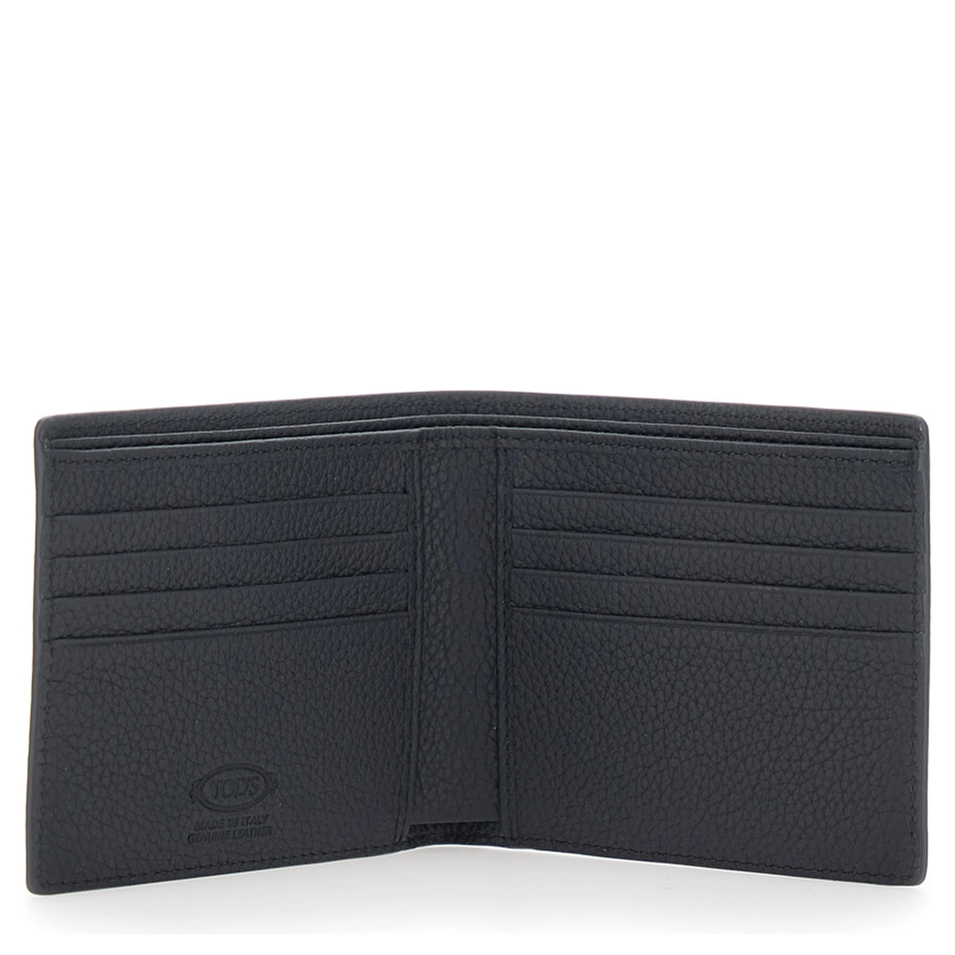 Black Bifold Wallet with metal T logo plate on the front in leather for men