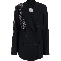 Barrysta Black Double-Breasted Jacket with Peak revers and Embroidery on the Front in Wool for Women