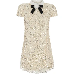 Beige Mini dress with bow on the front and all-over sequin embroidery in tech fabric for women