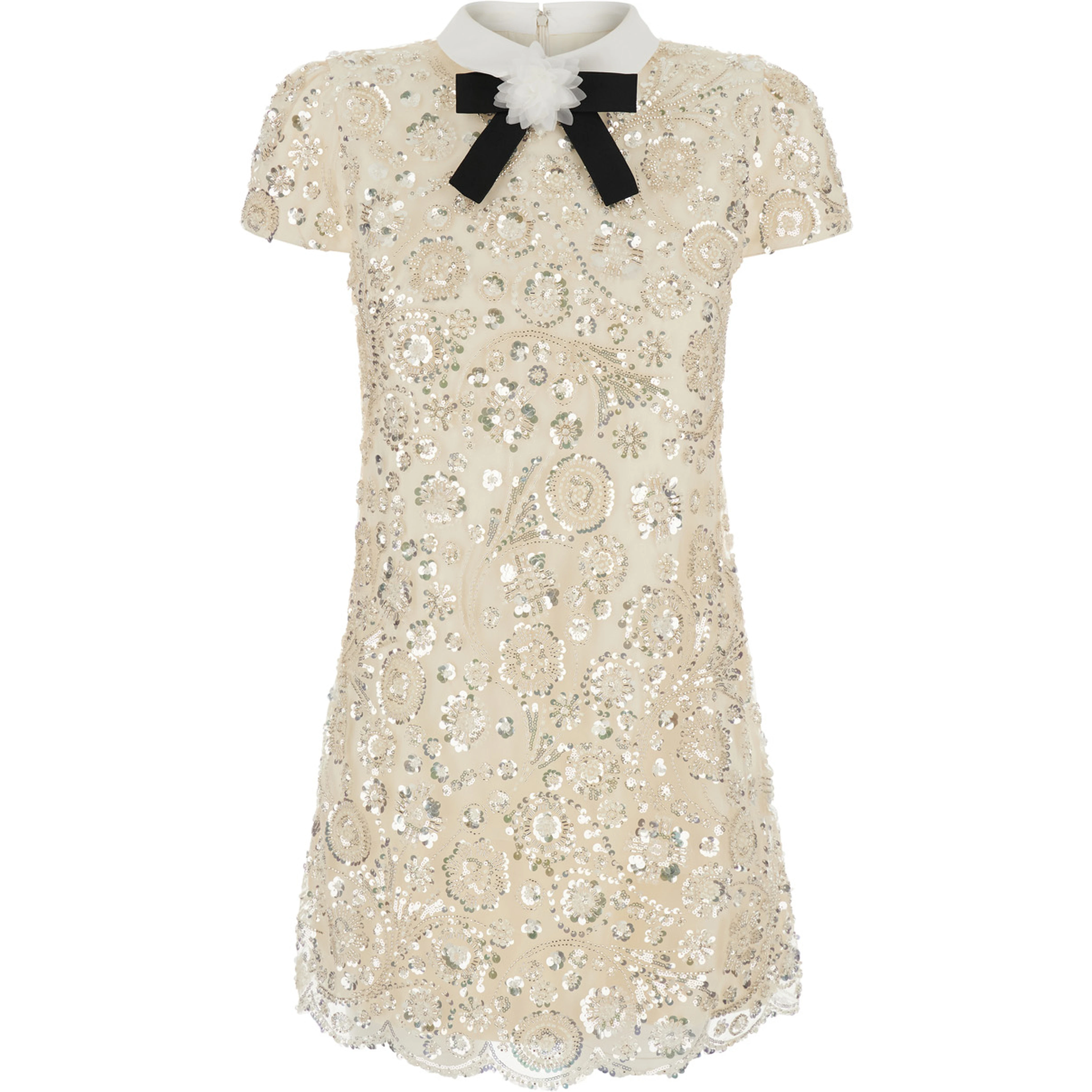 Beige Mini dress with bow on the front and all-over sequin embroidery in tech fabric for women
