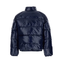 Blue High-neck Down jacket with logo patch on the sleeve in Tech Fabric, unisex