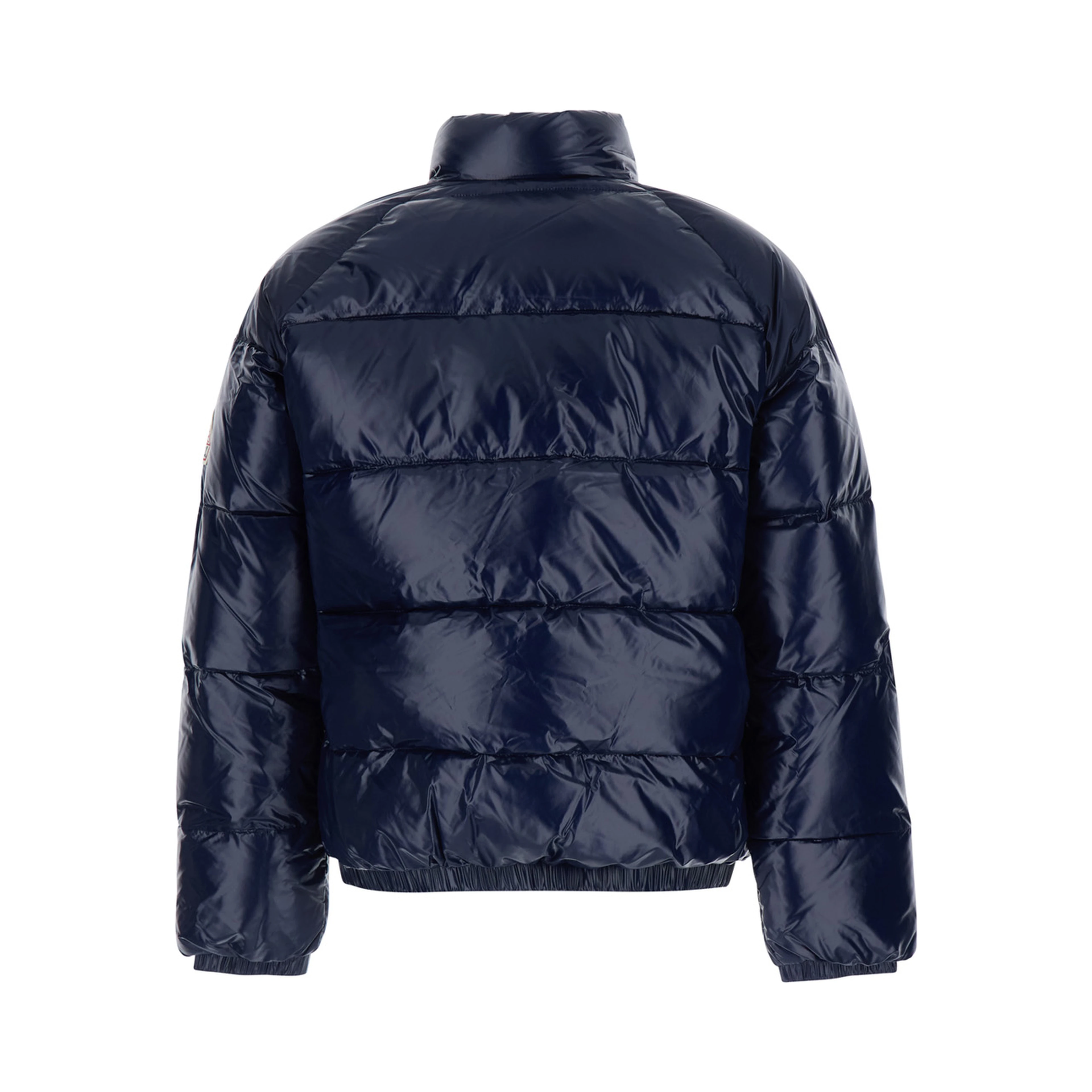 Blue High-neck Down jacket with logo patch on the sleeve in Tech Fabric, unisex