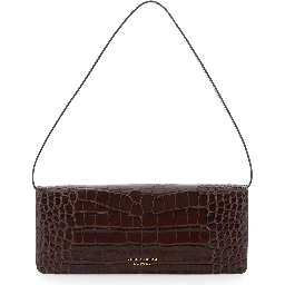 Dorian East-West Brown Shoulder Bag with Plaque Closure on the Front and Crocodile-Embossed Effect in Leather for Women