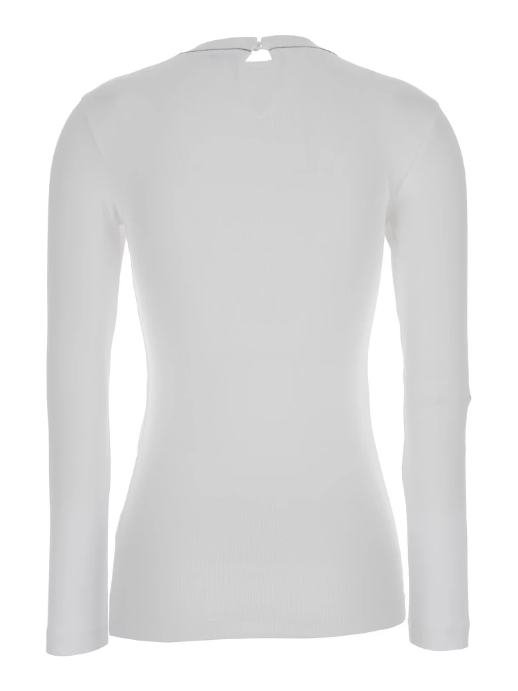 White Long Sleeve T-shirt with Round Neck and Monile Details in Cotton Women