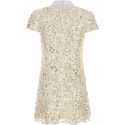 Beige Mini dress with bow on the front and all-over sequin embroidery in tech fabric for women