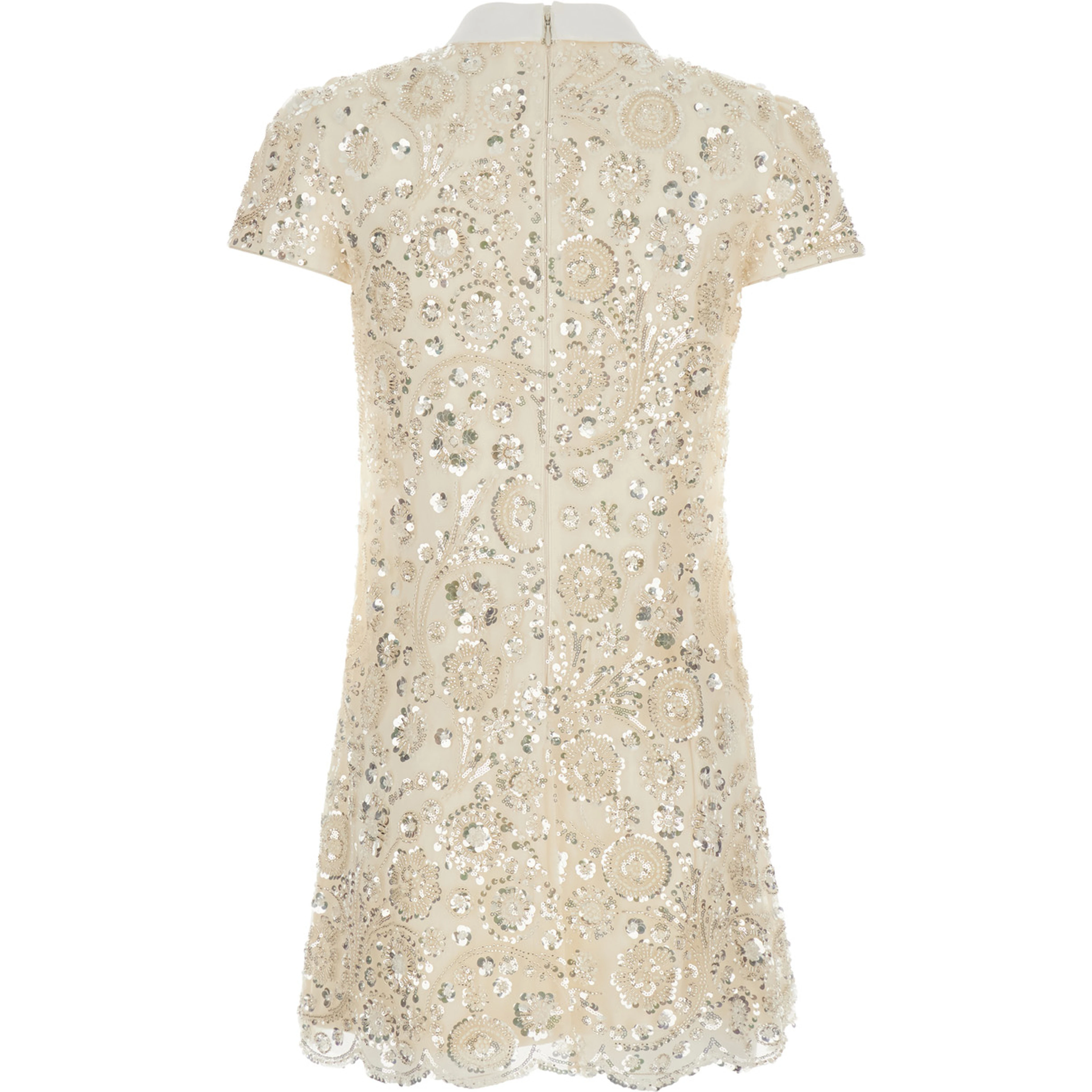 Beige Mini dress with bow on the front and all-over sequin embroidery in tech fabric for women